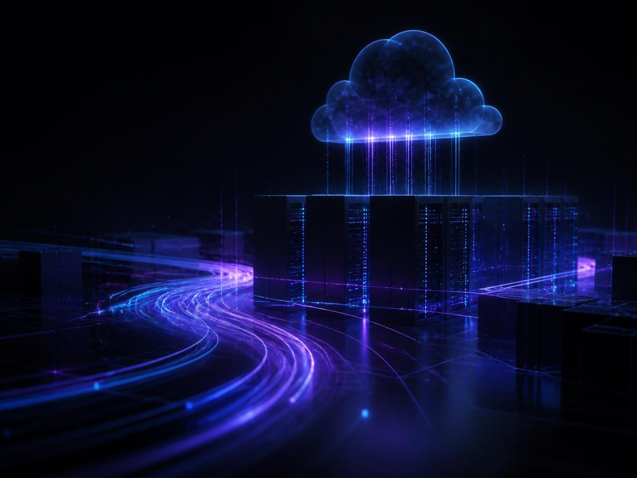 Abstract cloud and server infrastructure with glowing data light trails