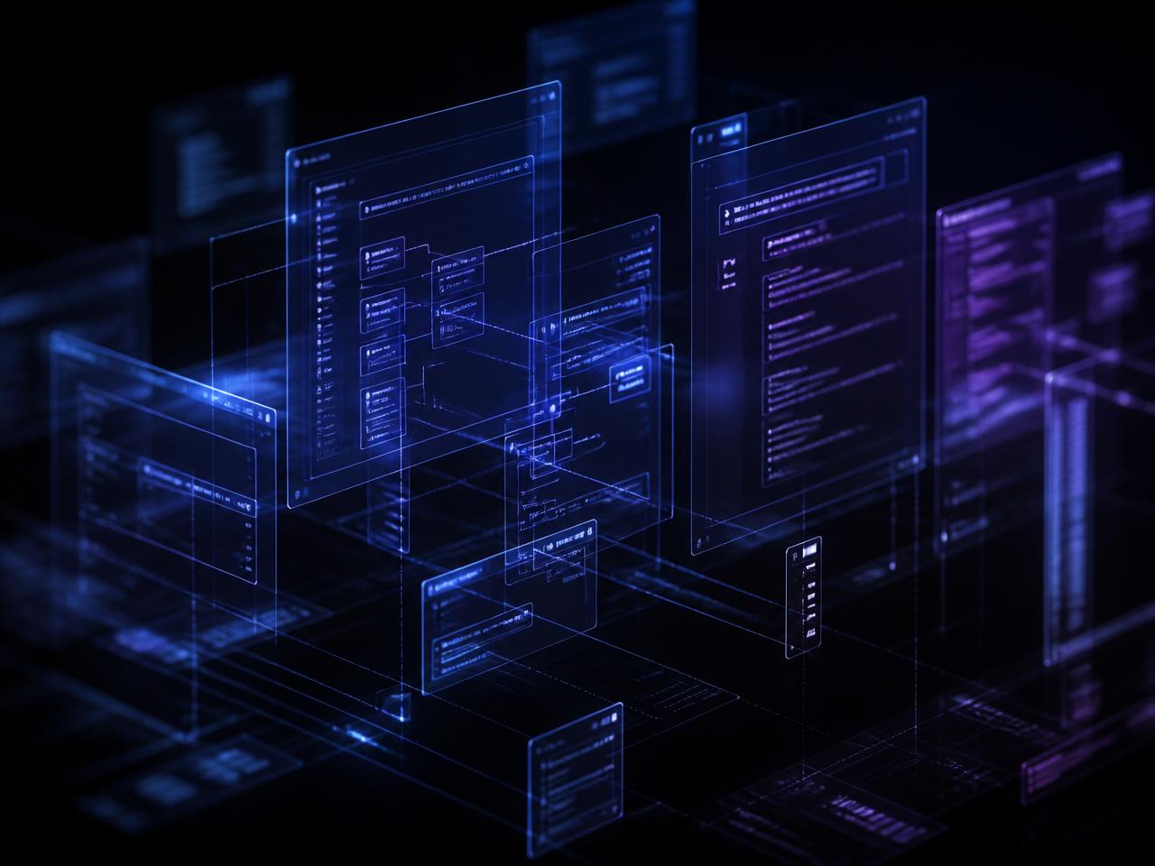 Abstract layered software interface panels glowing in blue and violet