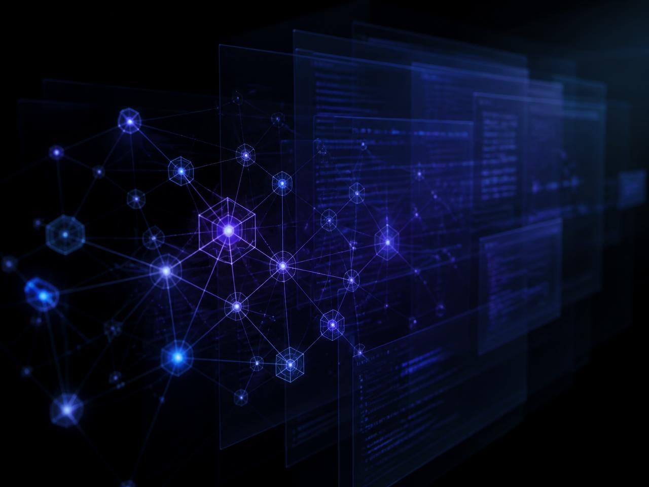 Abstract knowledge graph connected to translucent code panels